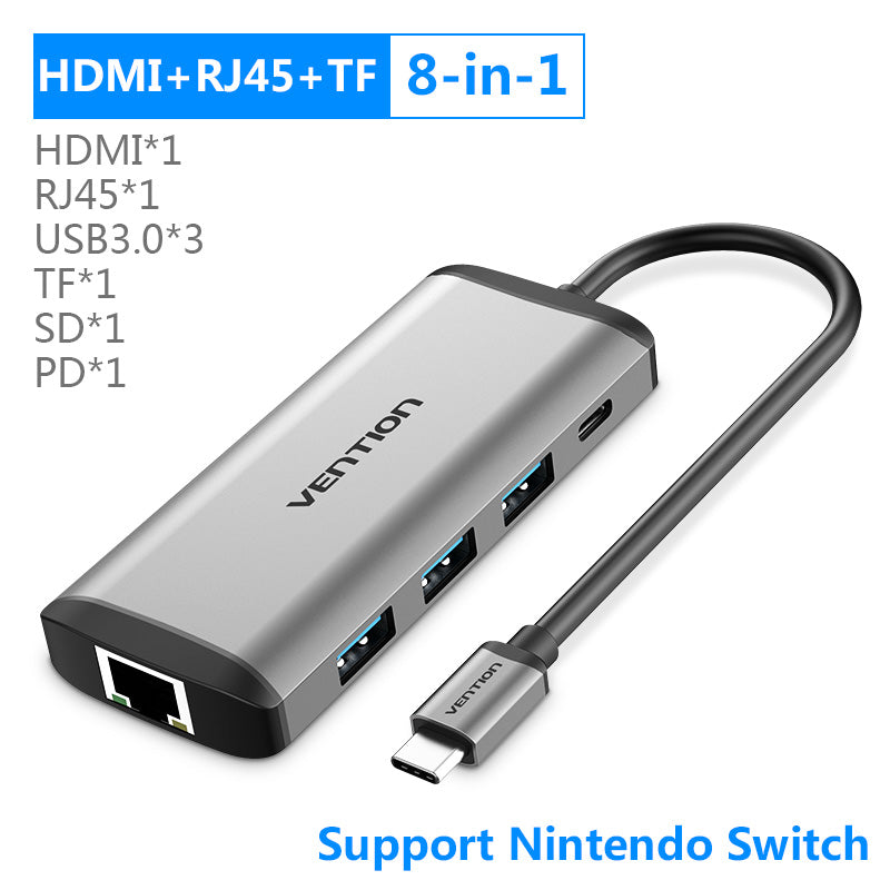8-in-1 USB-C Hub - 4K HDMI, 3x USB 3.0, Gigabit Ethernet, SD/TF, 87W PD Charging