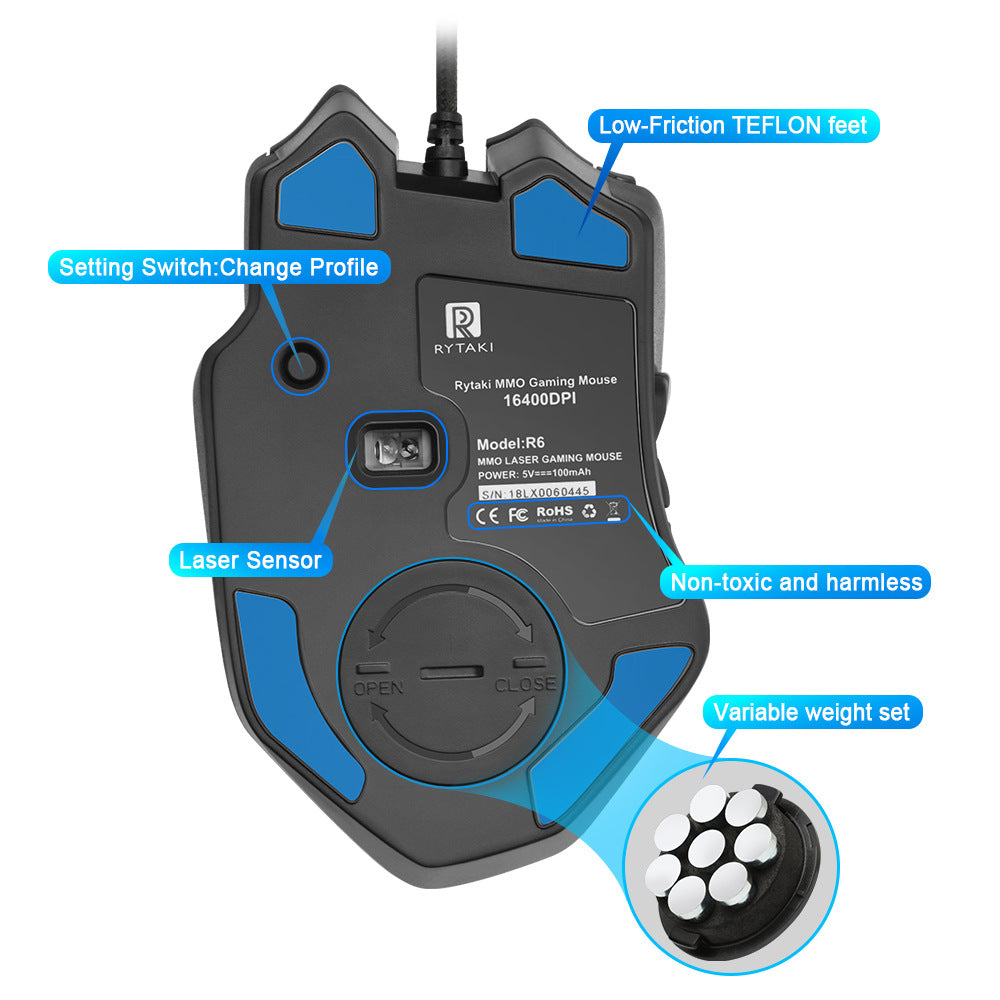 High-Precision Laser Gaming Mouse - 24000 DPI, 16 Buttons, 4-Way Scroll