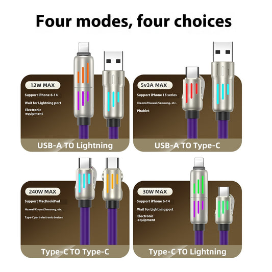 4-in-1 Silicone Charging Cable with Breathing LED - 240W, USB-C & Lightning