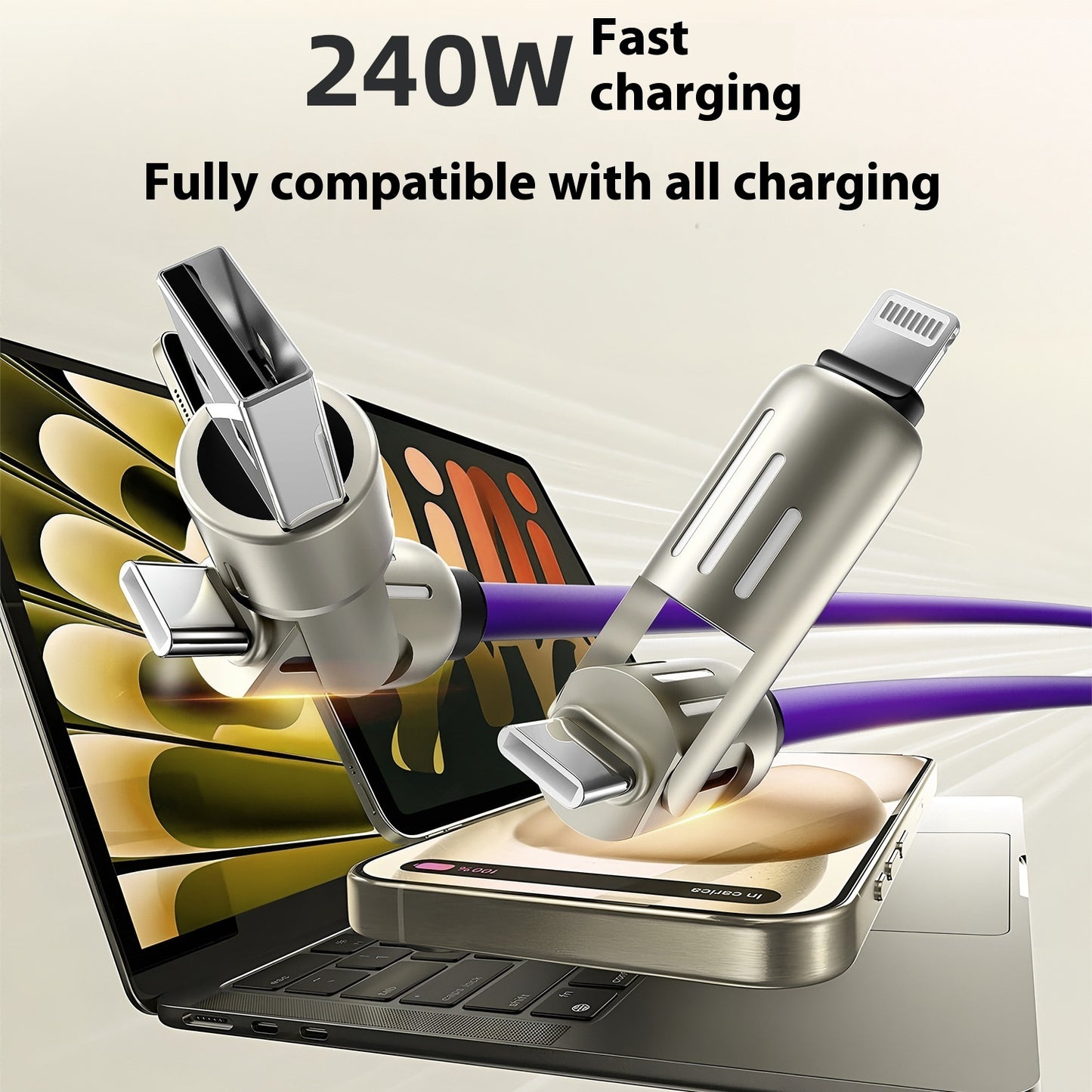4-in-1 Silicone Charging Cable with Breathing LED - 240W, USB-C & Lightning