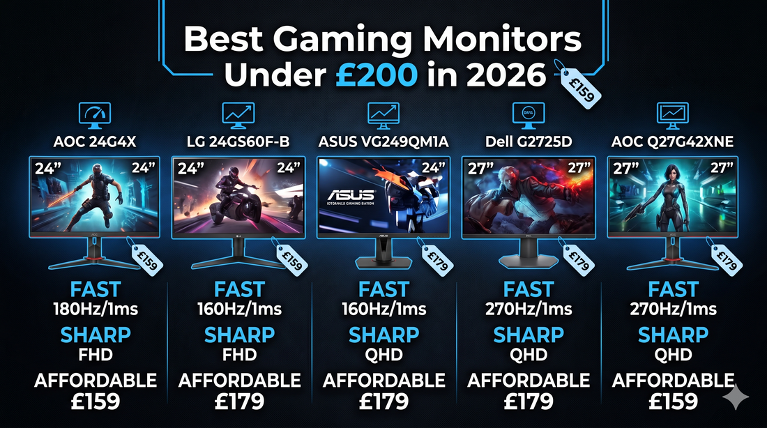 Best Gaming Monitors Under £200 in 2026 — a selection of fast, sharp, and affordable displays for every type of gamer