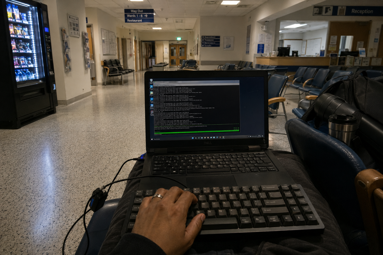 A quiet hospital waiting room at night, lit by fluorescent lights, with a laptop open on a chair — evoking late-night remote work and calm under pressure.