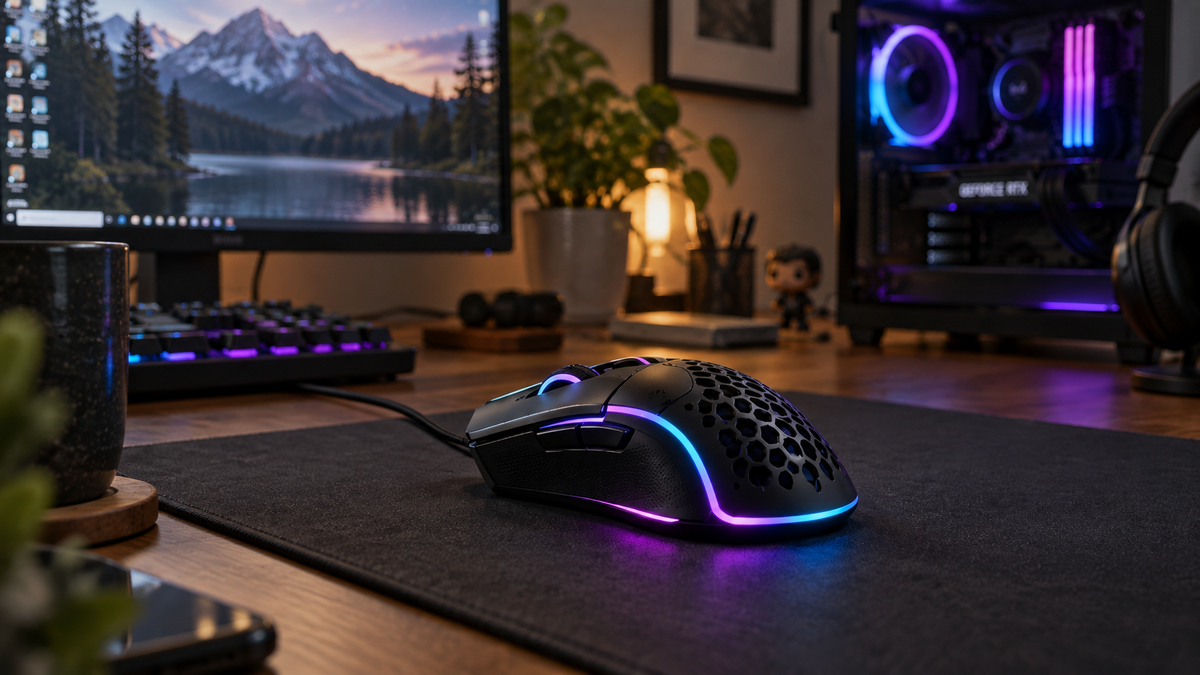 Compact gaming desk setup with desktop PC and gaming mouse for a small-room gaming setup guide.