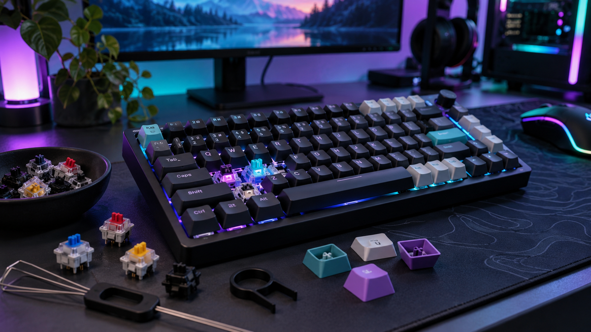 Hot-swappable mechanical gaming keyboard with RGB lighting and interchangeable switches for 2026 gaming keyboard guide