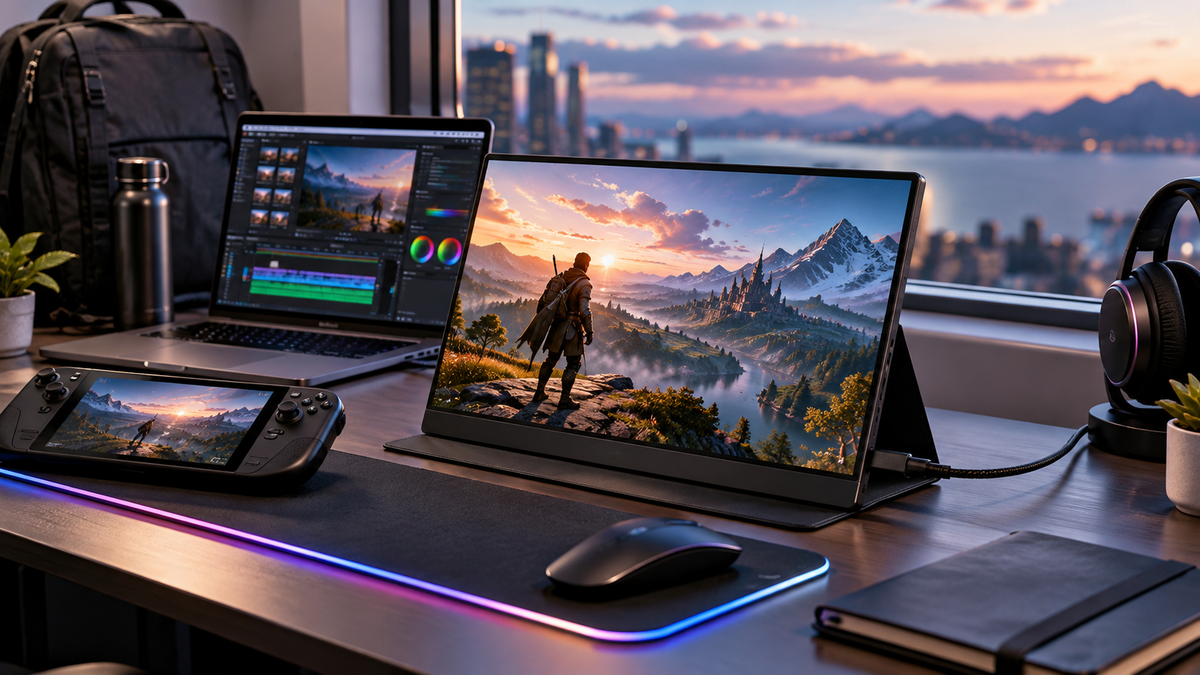 Portable gaming monitor beside a gaming device for a compact gaming-on-the-go setup.