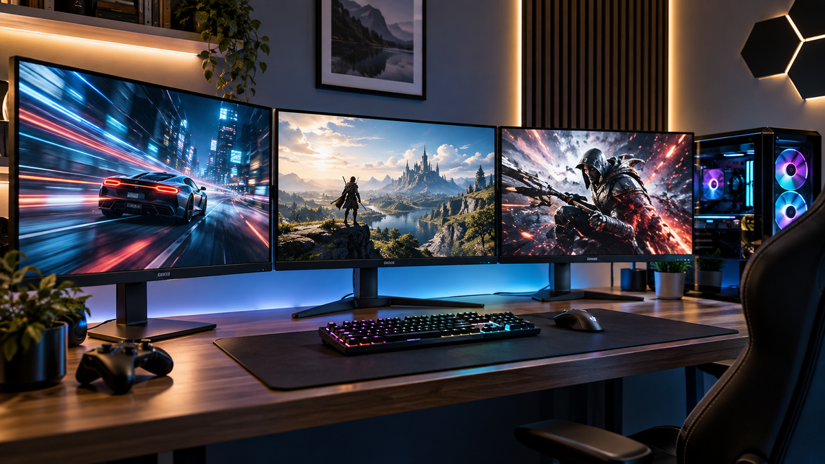Gaming monitor on a desktop setup illustrating refresh rate, response time and panel selection.