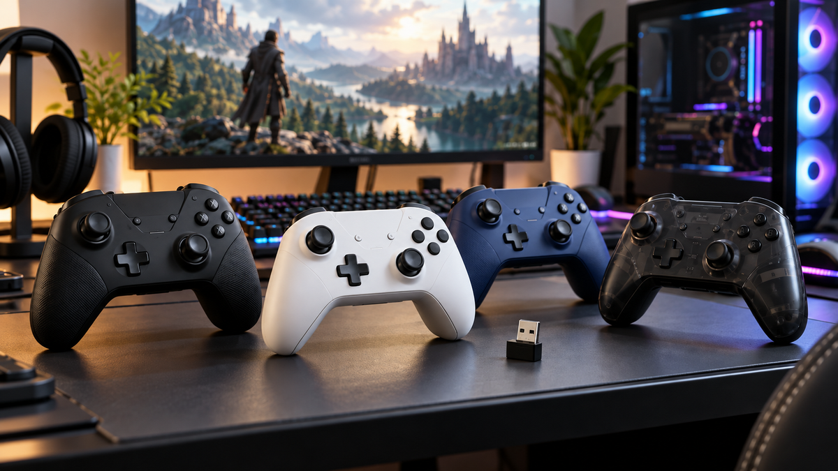 Several wireless gaming controllers arranged beside a modern Windows PC gaming setup