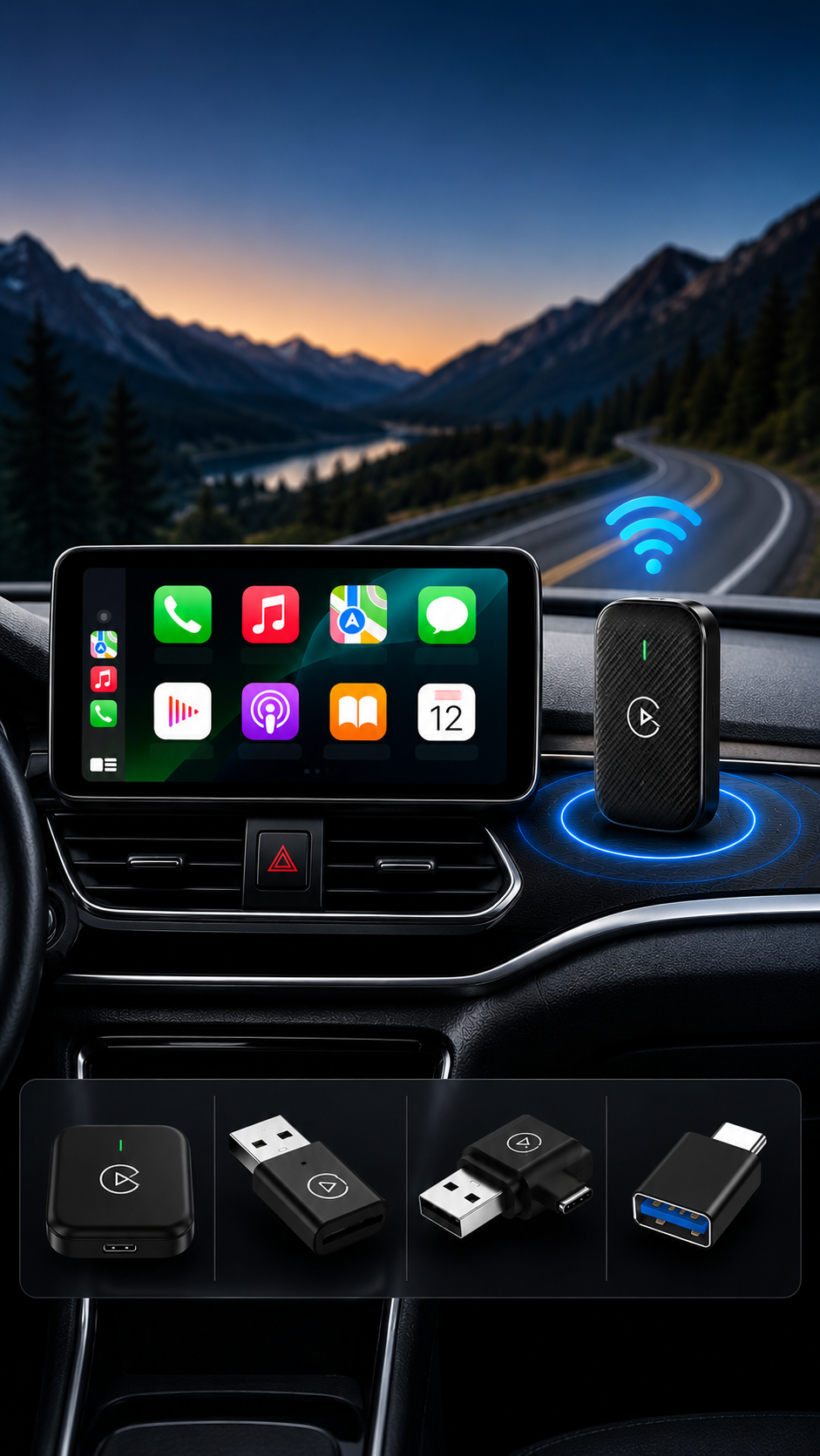 CarPlay accessories including wireless adapters, portable screens and in-car display upgrades