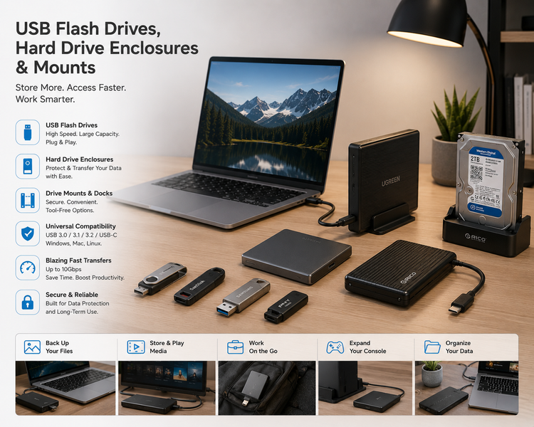 USB Flash Drives, Hard Drive Enclosures & Mounts