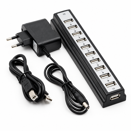 10-Port USB 2.0 Hub with AC Power Adapter
