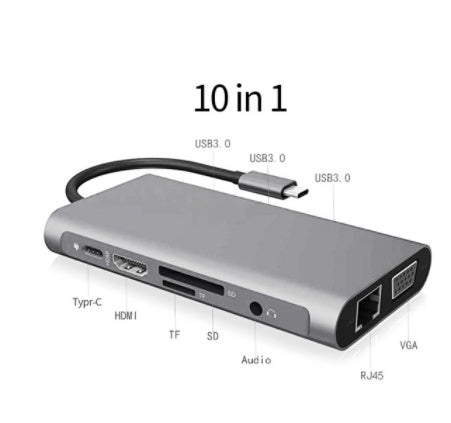 10-in-1 USB-C Docking Station - 4K HDMI, VGA, Ethernet, 3x USB 3.0, SD/TF, Audio