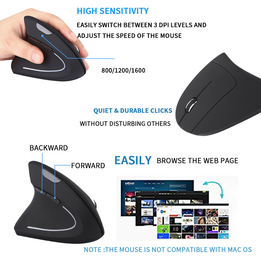 Wireless Vertical Ergonomic Mouse for Left-Handers - 800/1200/1600 DPI, 6 Buttons