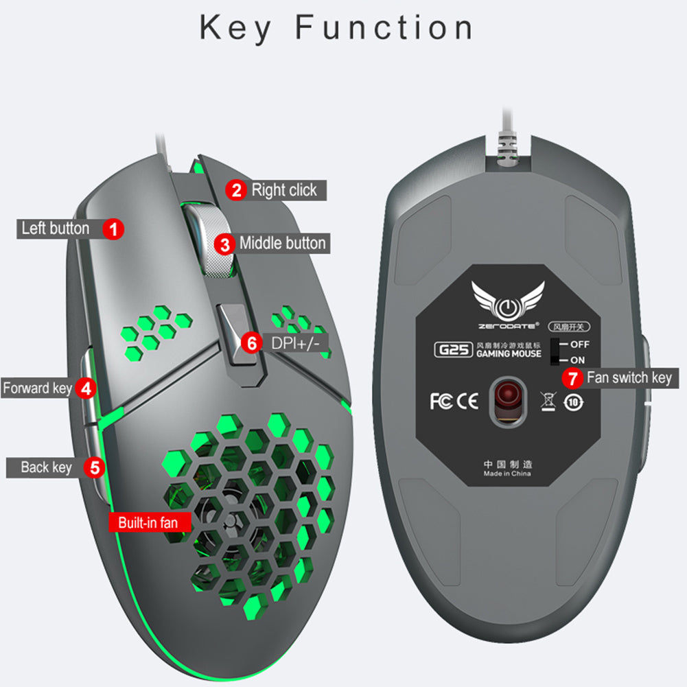 Wired Gaming Mouse with Built-In Cooling Fan - 7-Colour RGB, 3200 DPI, 6 Buttons | Black, White & Pink