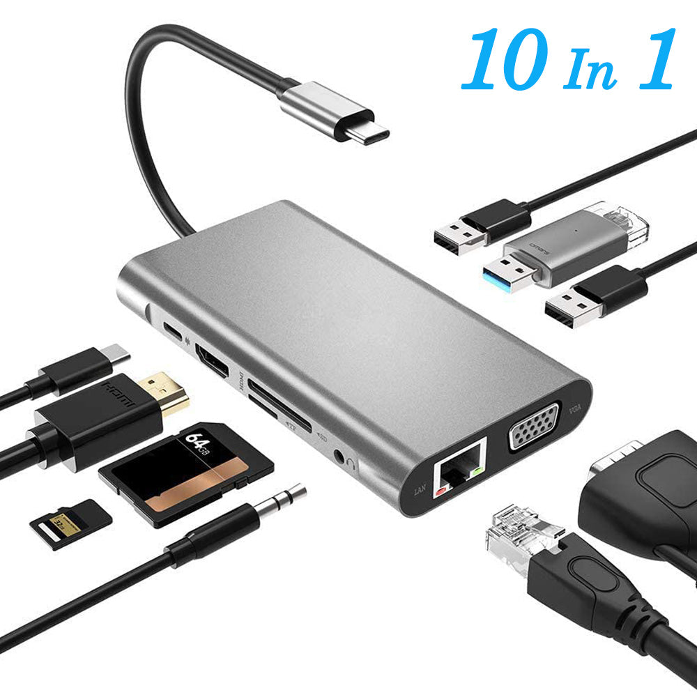 10-in-1 USB-C Docking Station - 4K HDMI, VGA, Ethernet, 3x USB 3.0, SD/TF, Audio