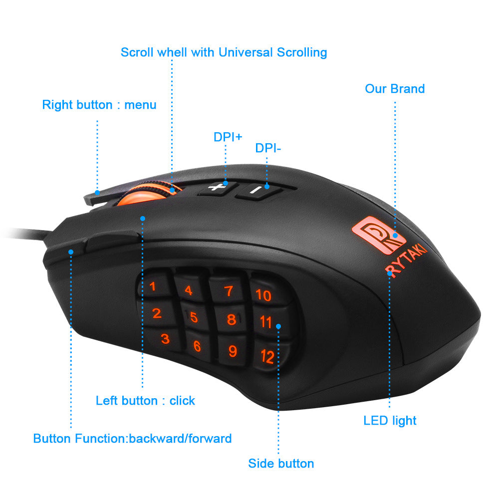 High-Precision Laser Gaming Mouse - 24000 DPI, 16 Buttons, 4-Way Scroll