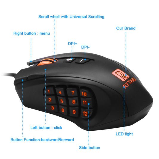 High-Precision Laser Gaming Mouse - 24000 DPI, 16 Buttons, 4-Way Scroll