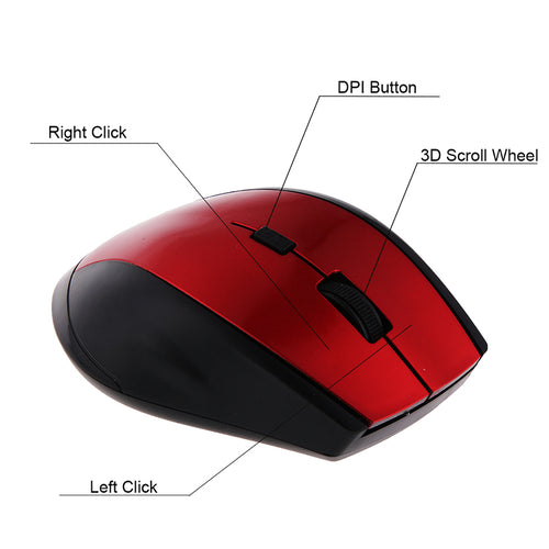 2.4GHz Wireless Gaming Mouse - 6-Month Battery, 16-Channel Auto Hop, 800/1200 DPI | Black, Red, Grey & Blue