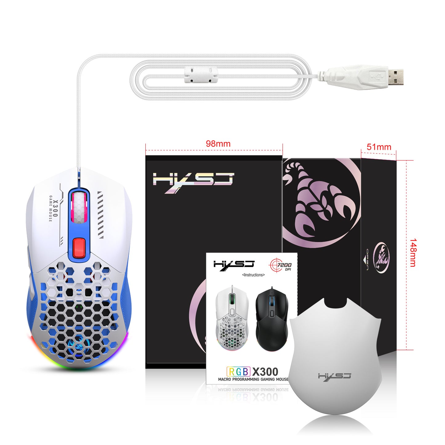 X300 Hollow-Out Lightweight Wired Gaming Mouse - RGB, Macro Programming, 1.5m Cable | Blue, White & Black