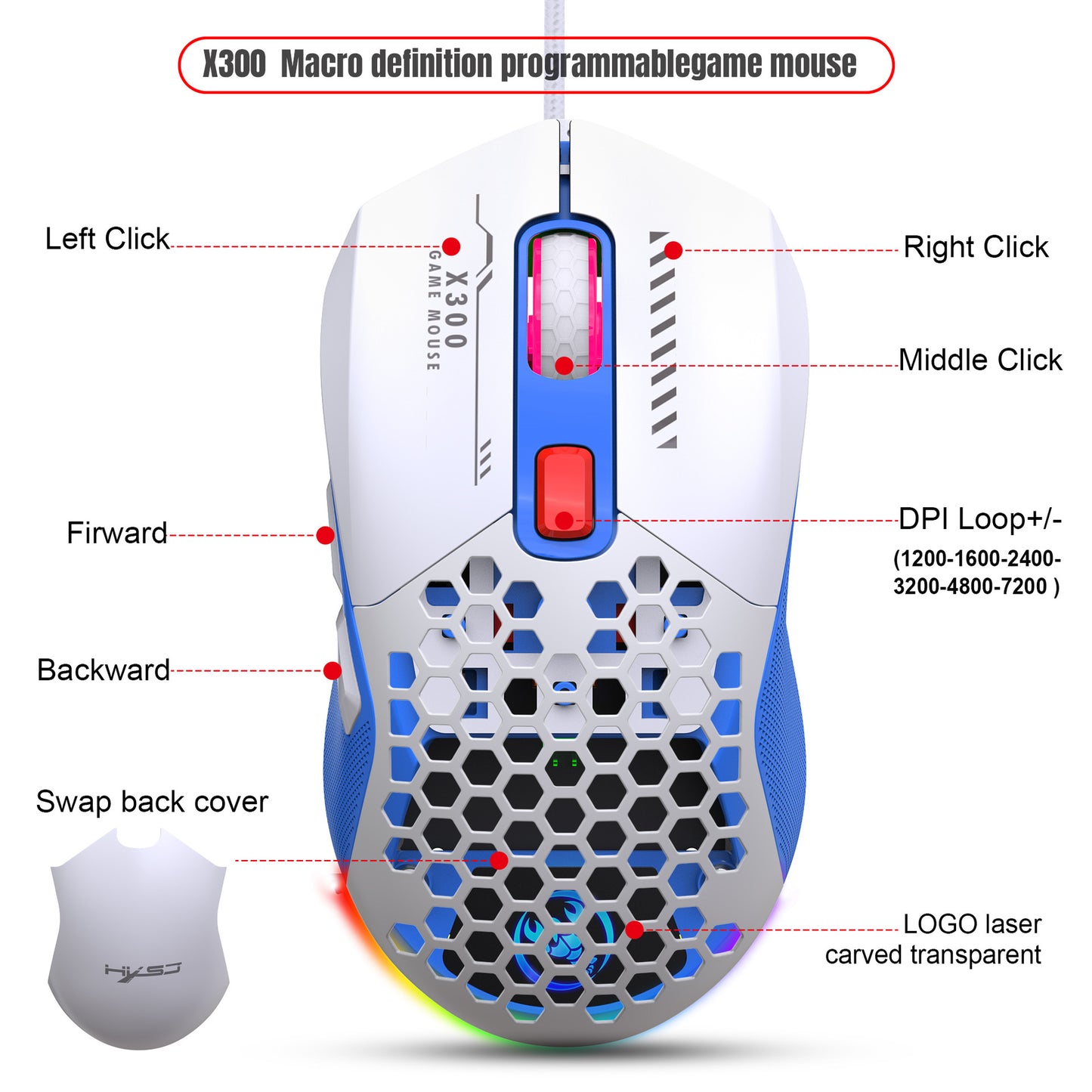 X300 Hollow-Out Lightweight Wired Gaming Mouse - RGB, Macro Programming, 1.5m Cable | Blue, White & Black