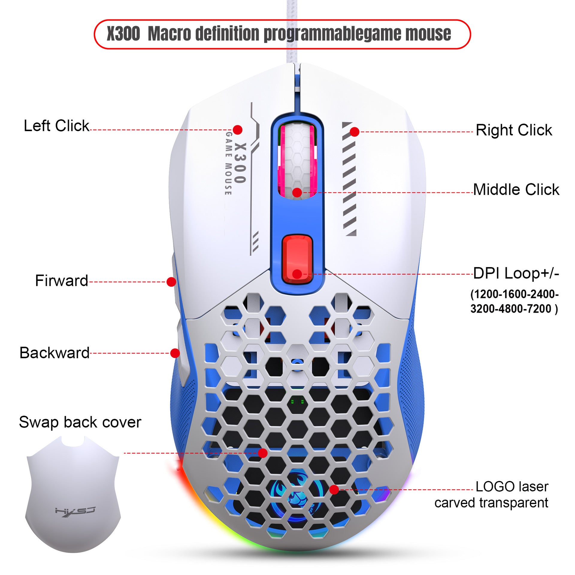 X300 Hollow-Out Lightweight Wired Gaming Mouse - RGB, Macro Programming, 1.5m Cable | Blue, White & Black