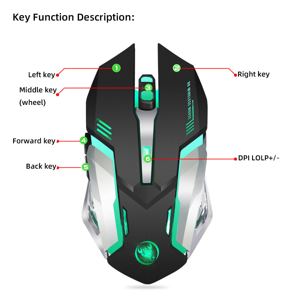 HXSJ Wireless Gaming Mouse 2.4G | 2400 DPI | RGB Glow | 6 Buttons | Black