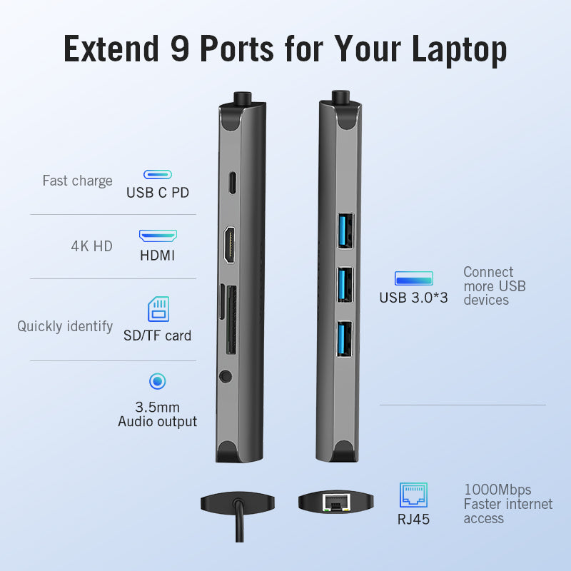 8-in-1 USB-C Hub - 4K HDMI, 3x USB 3.0, Gigabit Ethernet, SD/TF, 87W PD Charging