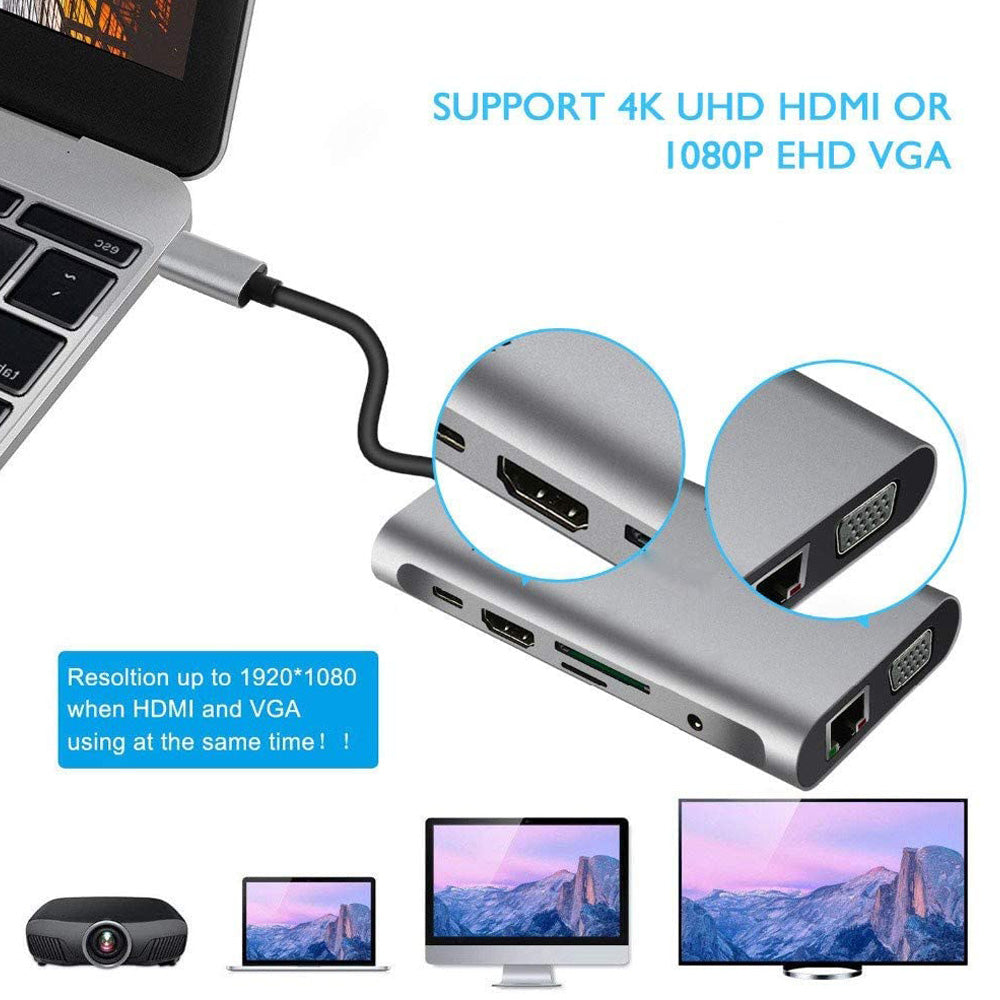 10-in-1 USB-C Docking Station - 4K HDMI, VGA, Ethernet, 3x USB 3.0, SD/TF, Audio