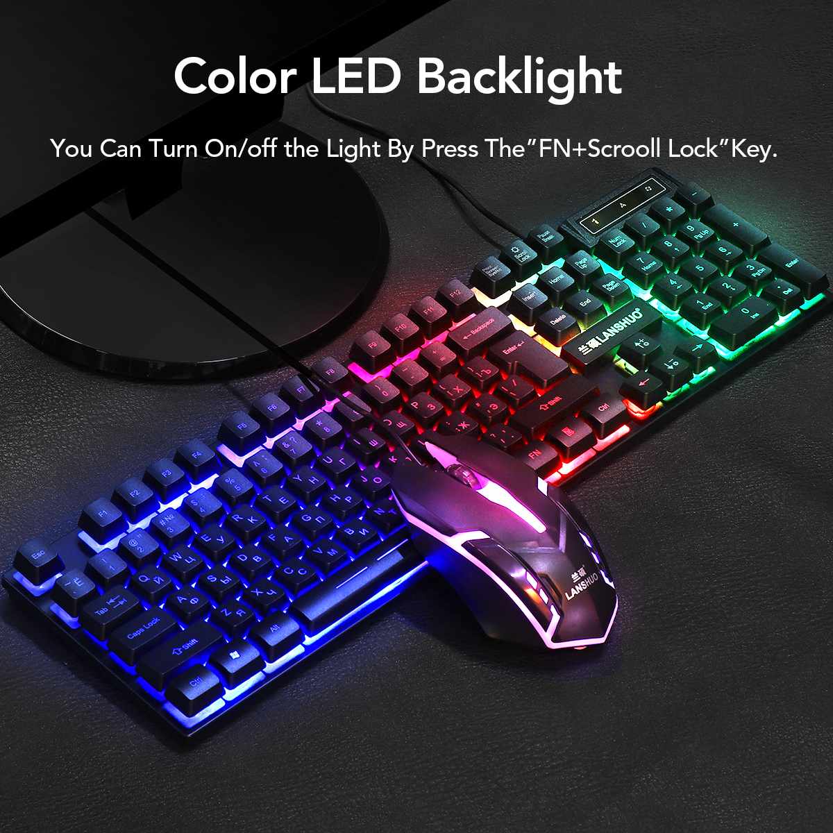 Russian Layout USB Wired Backlit Keyboard & Mouse Combo - 1200 DPI, Multimedia Keys, Ergonomic | Black