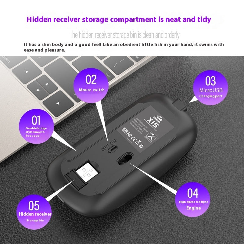 X15 Silent Wireless Mouse - Bluetooth, USB Receiver & Rechargeable with RGB Light