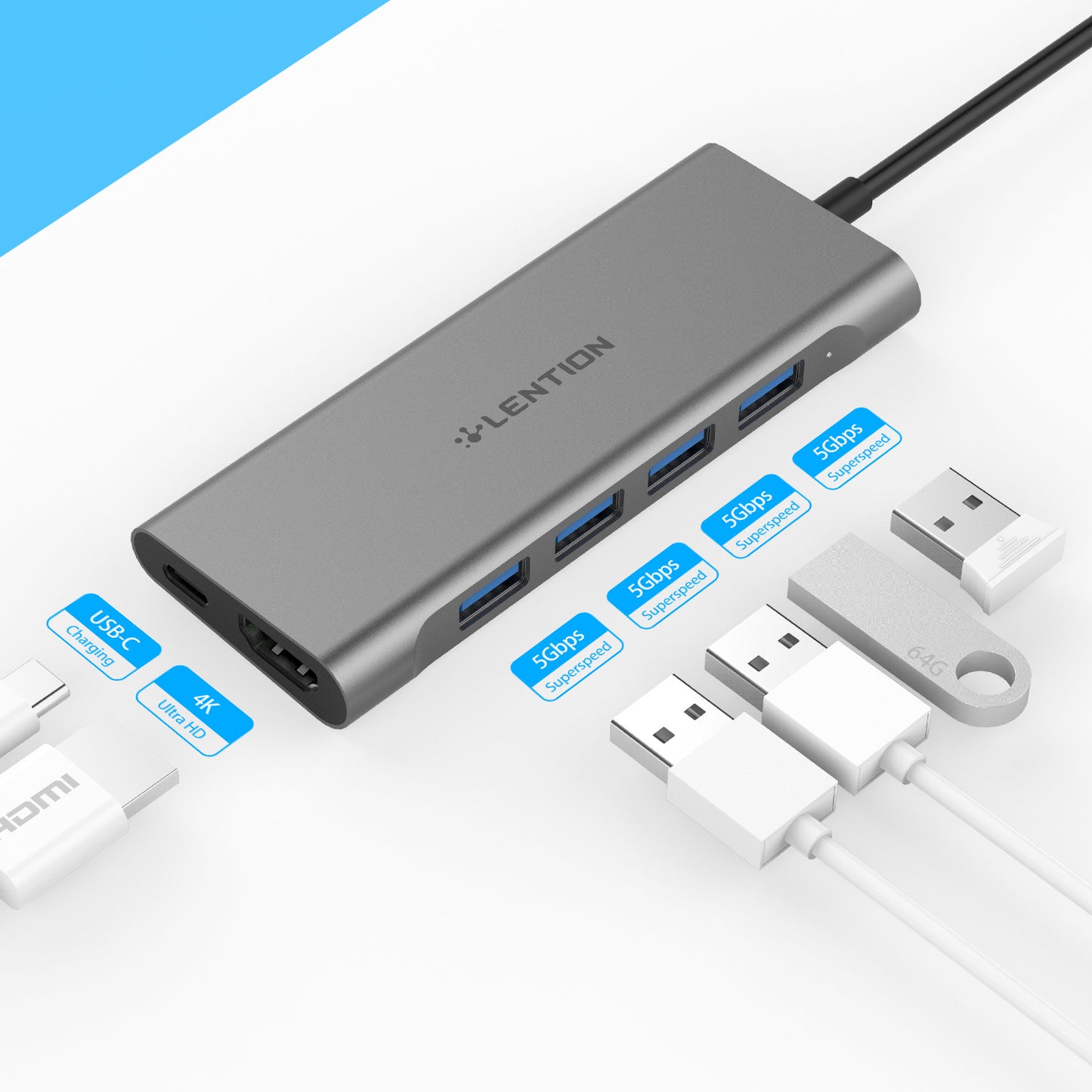6-in-1 USB-C Hub - 4K HDMI, 4x USB 3.0, PD Charging for Laptops