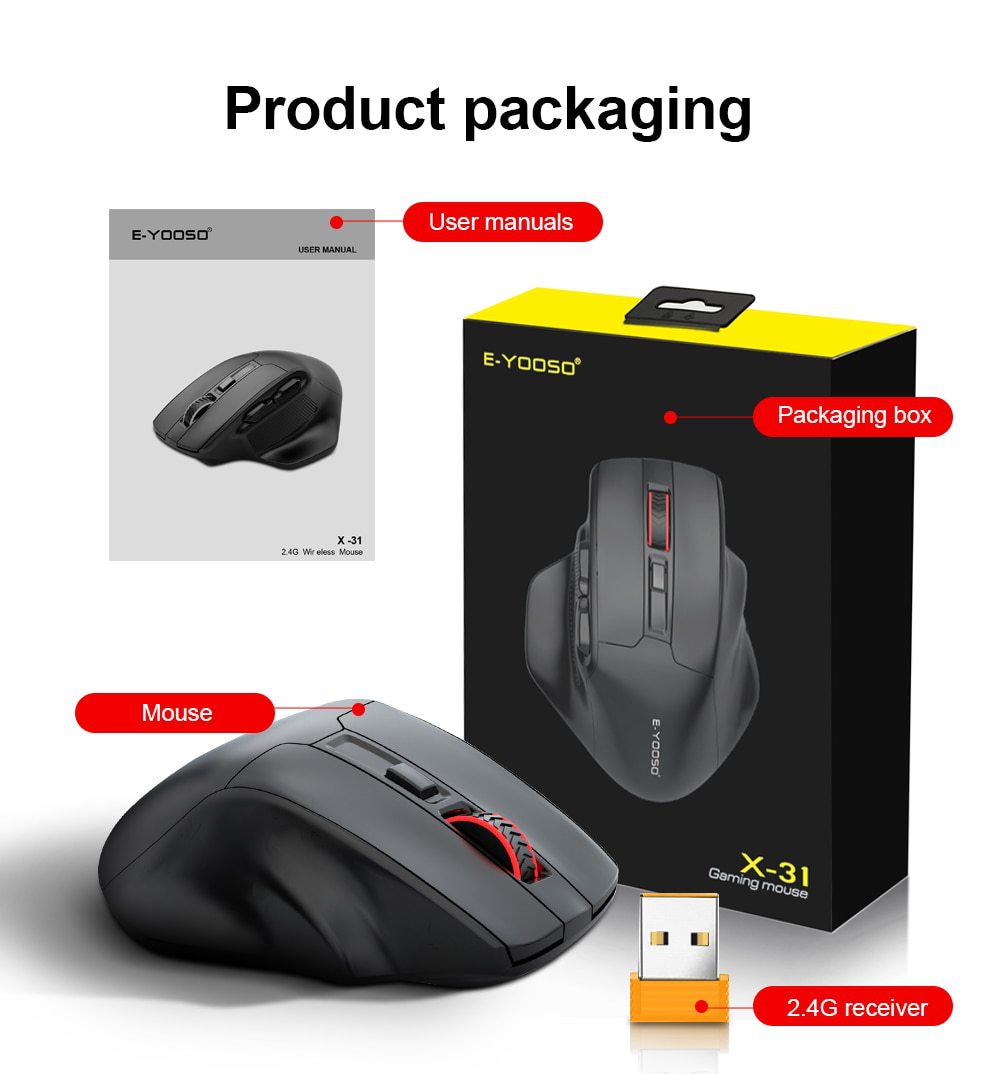 X-31 Wireless Optical Mouse - Full-Size, USB Receiver, AA Battery | Black