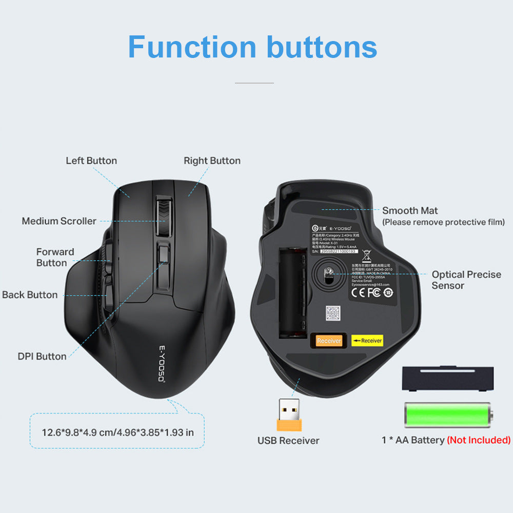 X-31 Wireless Optical Mouse - Full-Size, USB Receiver, AA Battery | Black