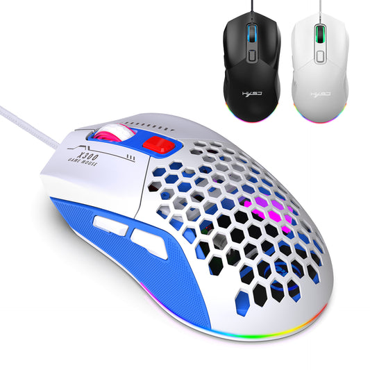 X300 Hollow-Out Lightweight Wired Gaming Mouse - RGB, Macro Programming, 1.5m Cable | Blue, White & Black