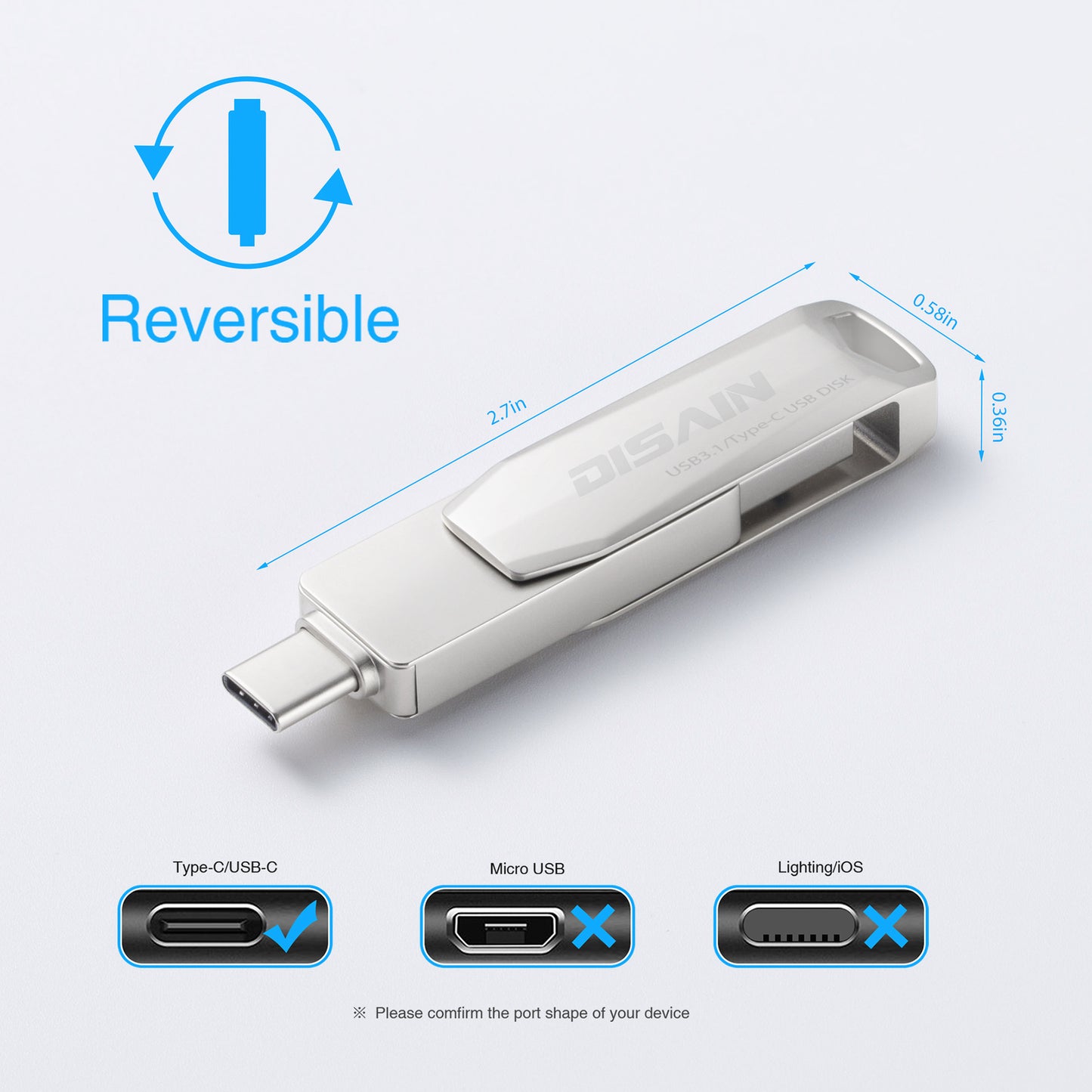 USB-C & USB 3.0 Dual Flash Drive - Rotating Metal Design