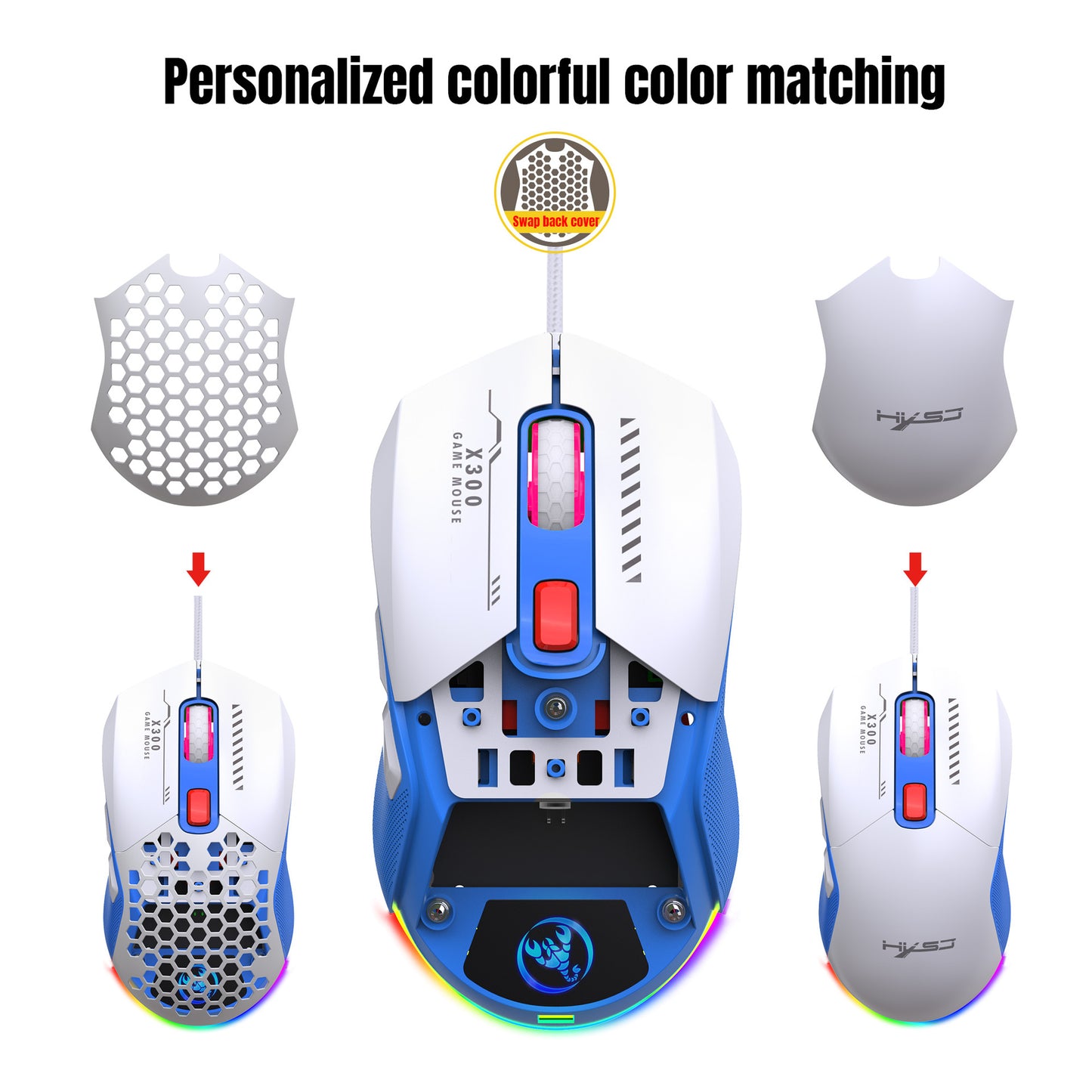 X300 Hollow-Out Lightweight Wired Gaming Mouse - RGB, Macro Programming, 1.5m Cable | Blue, White & Black