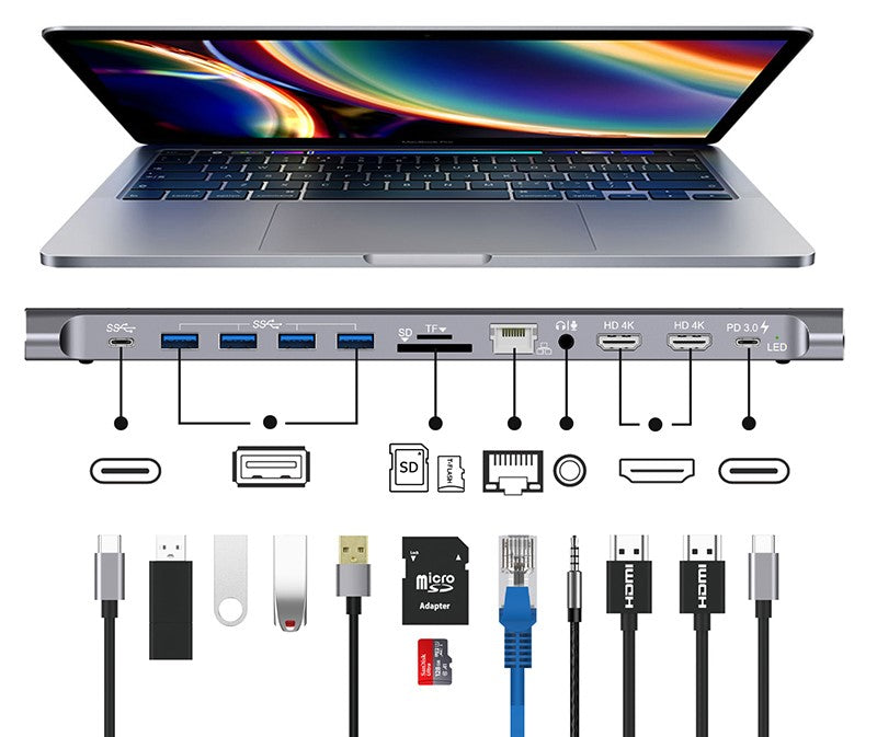 12-in-1 USB-C Docking Station - Ultimate Laptop Expansion Hub, 22cm Cable