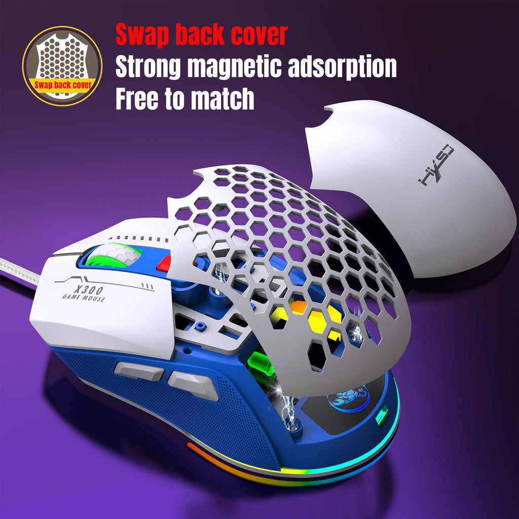 X300 Hollow-Out Lightweight Wired Gaming Mouse - RGB, Macro Programming, 1.5m Cable | Blue, White & Black