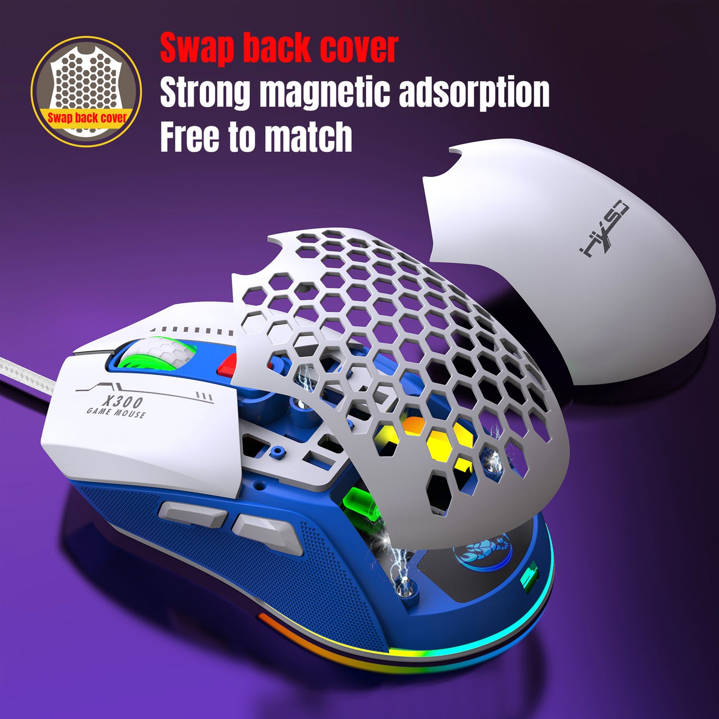 X300 Hollow-Out Lightweight Wired Gaming Mouse - RGB, Macro Programming, 1.5m Cable | Blue, White & Black