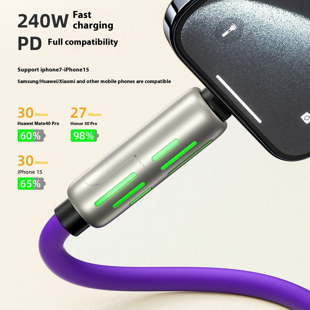 4-in-1 Silicone Charging Cable with Breathing LED - 240W, USB-C & Lightning