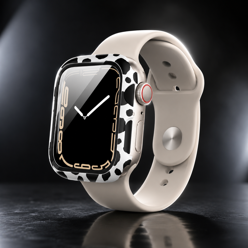 Apple Watch Protective Case | PC + Tempered Glass | White Leopard Print | 38–49mm