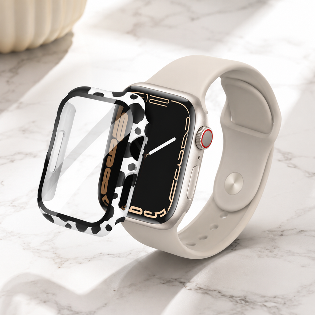Apple Watch Protective Case | PC + Tempered Glass | White Leopard Print | 38–49mm