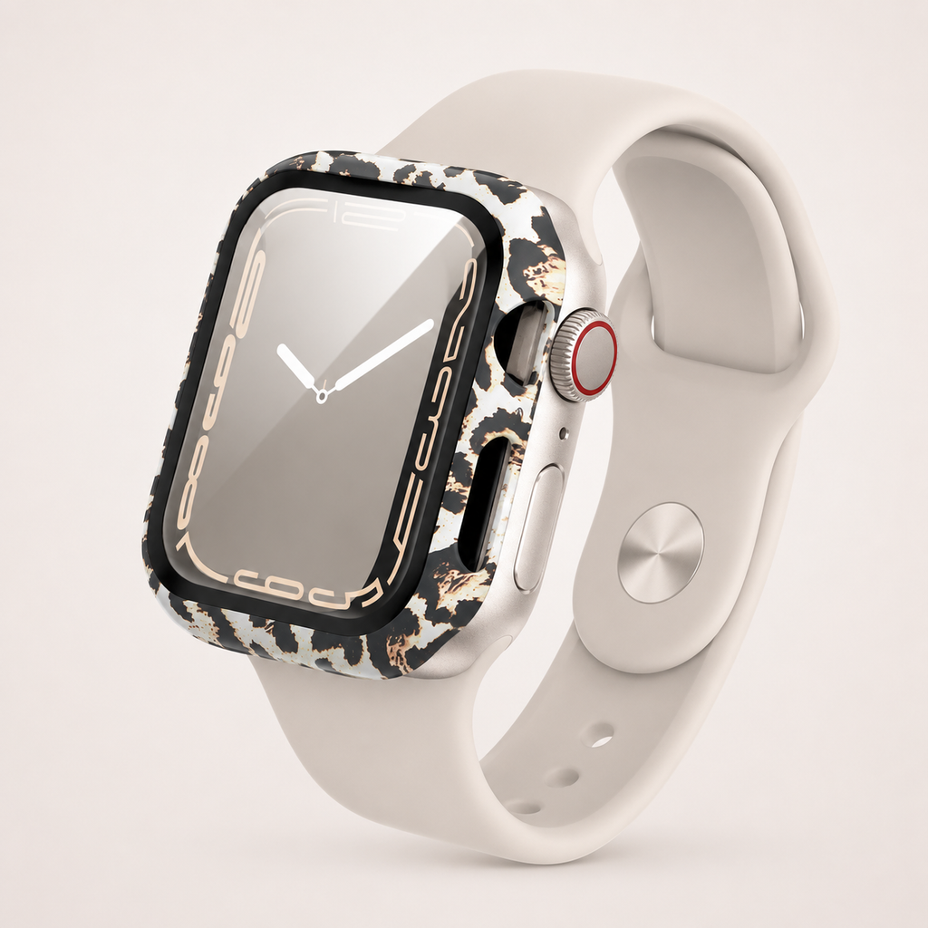 Apple Watch Protective Case | PC + Tempered Glass | Black Leopard Print | 38–49mm