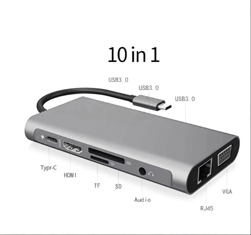 10-in-1 USB-C Docking Station - 4K HDMI, VGA, Ethernet, 3x USB 3.0, SD/TF, Audio
