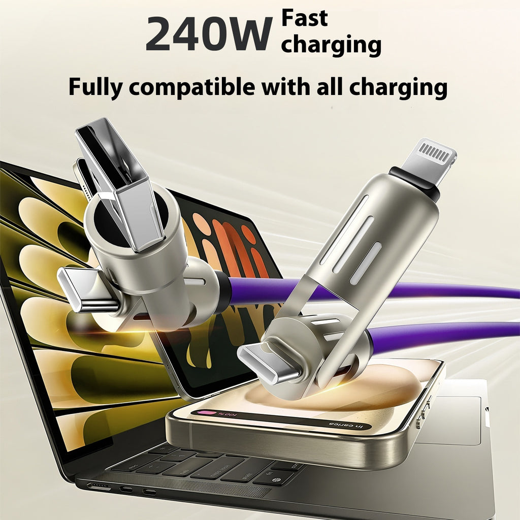4-in-1 Silicone Charging Cable with Breathing LED - 240W, USB-C & Lightning