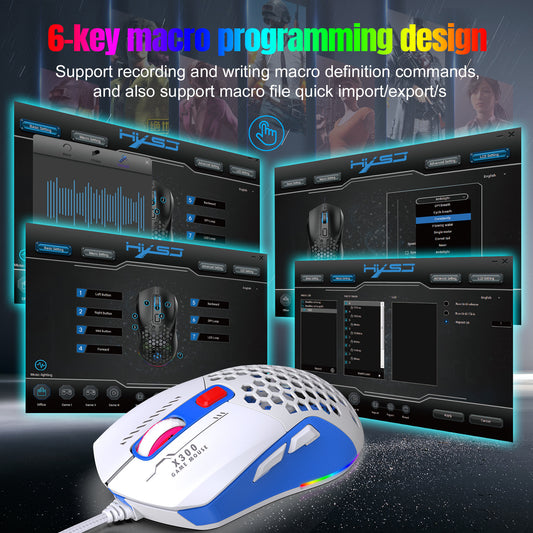 X300 Hollow-Out Lightweight Wired Gaming Mouse - RGB, Macro Programming, 1.5m Cable | Blue, White & Black