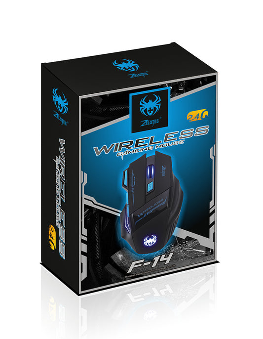 ZELOTES F-14 2.4GHz Wireless Gaming Mouse - RGB Luminous, 4-Gear DPI, Four-Way Scroll | Black