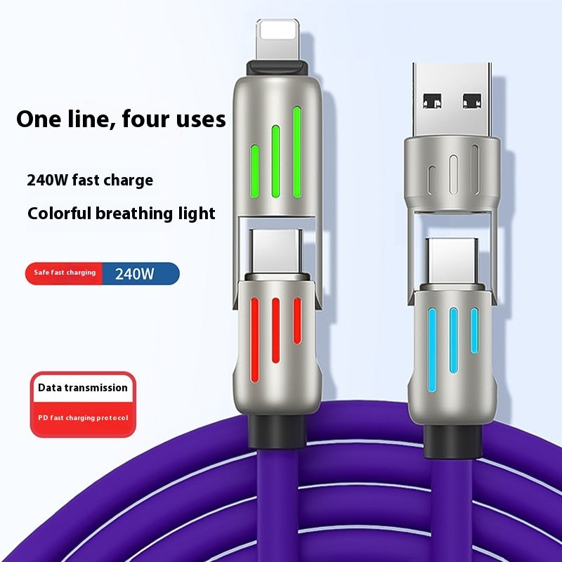 4-in-1 Silicone Charging Cable with Breathing LED - 240W, USB-C & Lightning