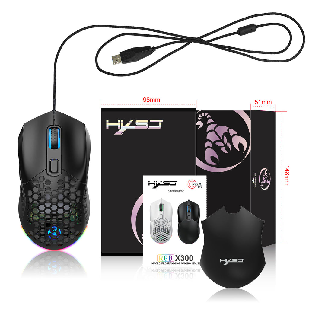 X300 Hollow-Out Lightweight Wired Gaming Mouse - RGB, Macro Programming, 1.5m Cable | Blue, White & Black