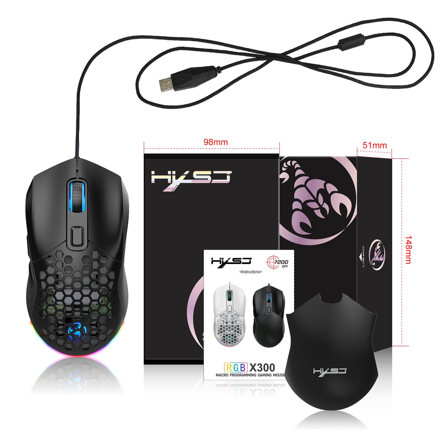 X300 Hollow-Out Lightweight Wired Gaming Mouse - RGB, Macro Programming, 1.5m Cable | Blue, White & Black