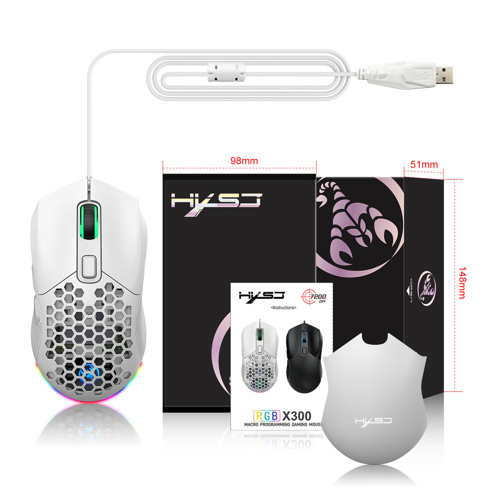X300 Hollow-Out Lightweight Wired Gaming Mouse - RGB, Macro Programming, 1.5m Cable | Blue, White & Black
